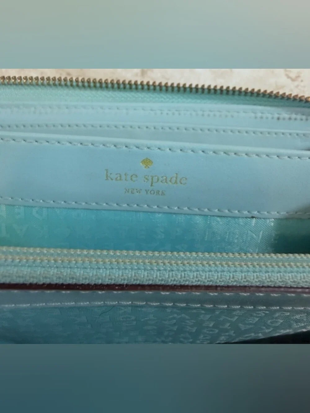 Kate Spade Mint Green Leather Zip Wallet with Gold Studs